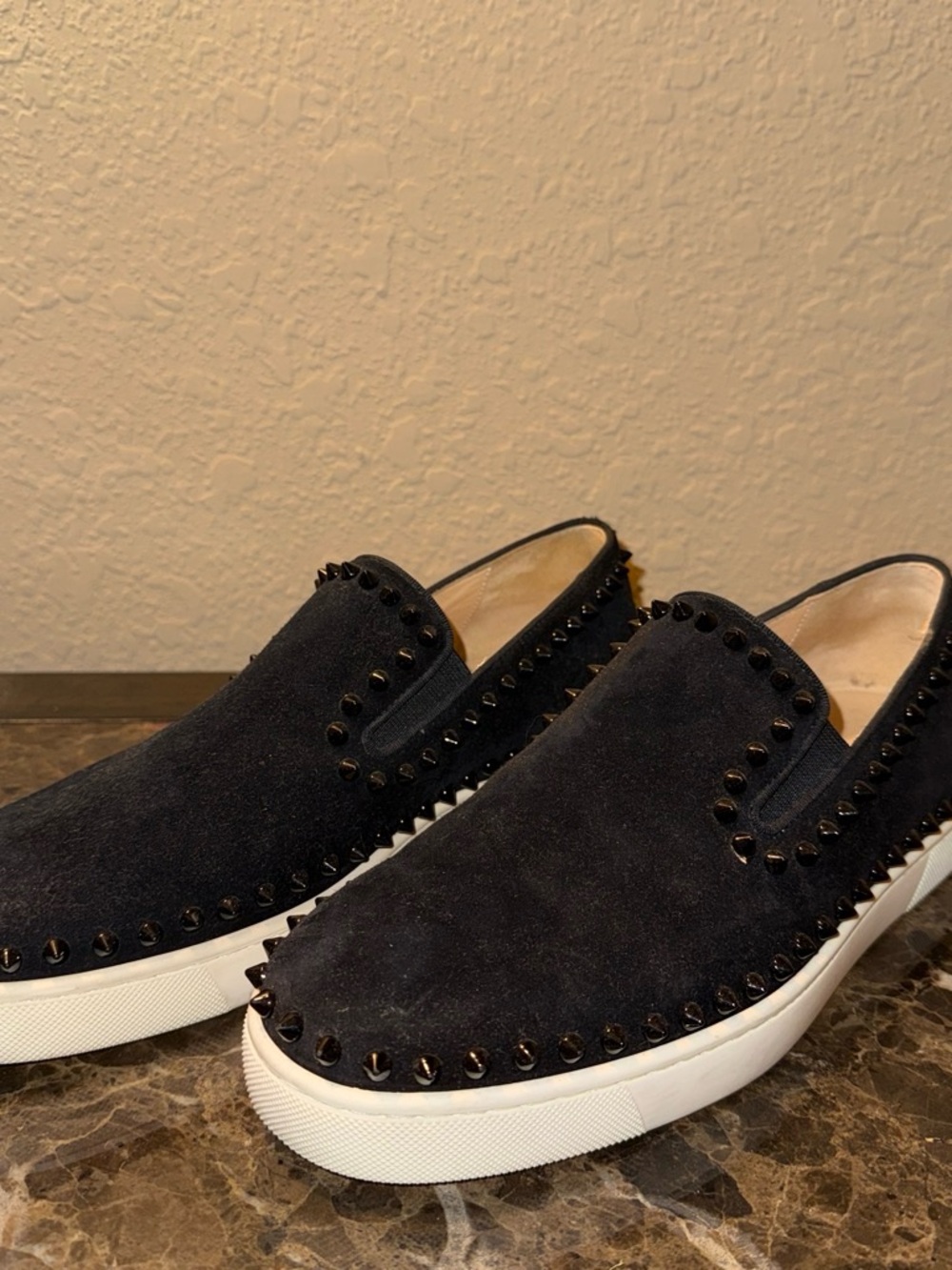 Christian Louboutin Black Suede Studded Slip-On Sneakers with White Sole